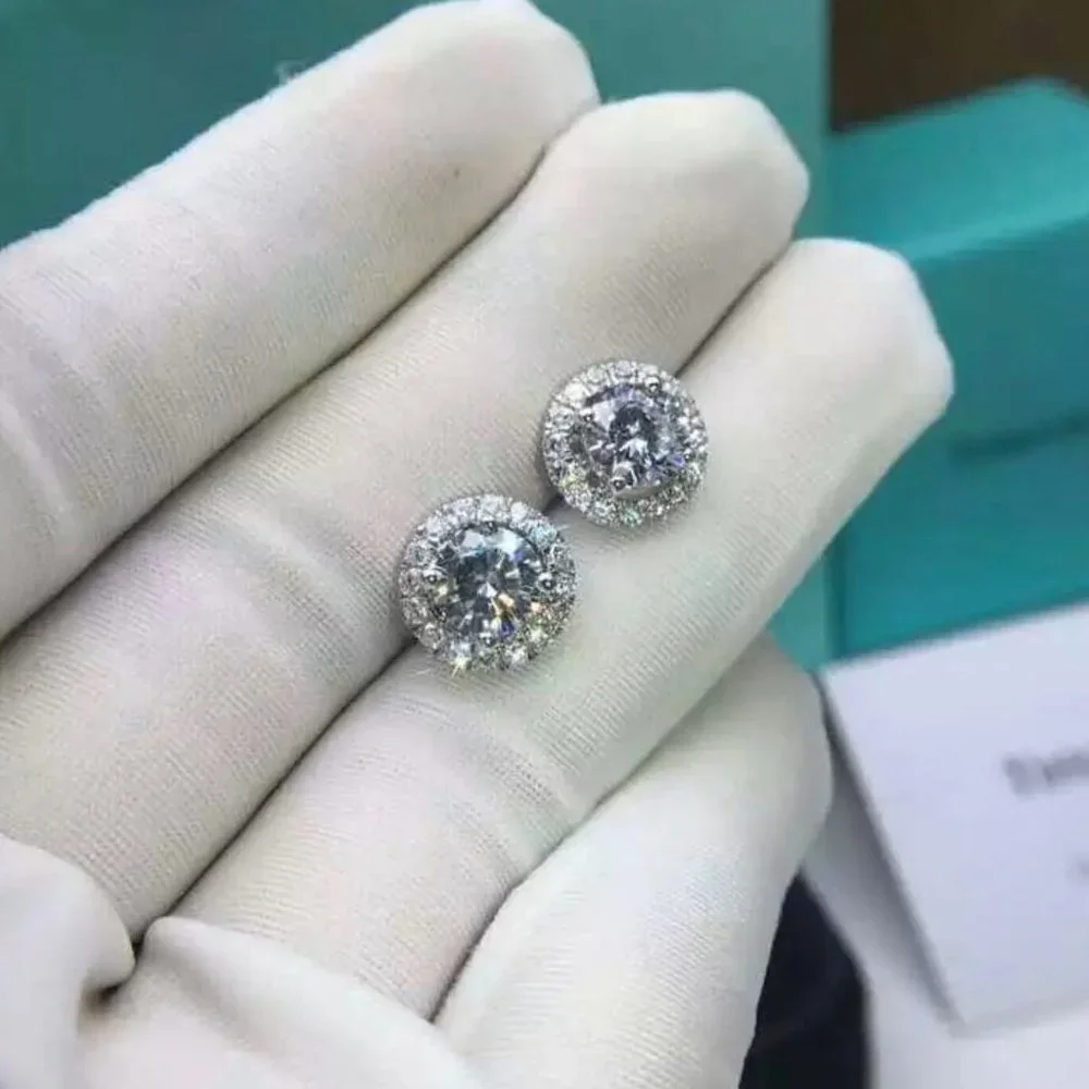 NEW Brilliant Cut Round Diamond Halo Silver Stud Earrings
